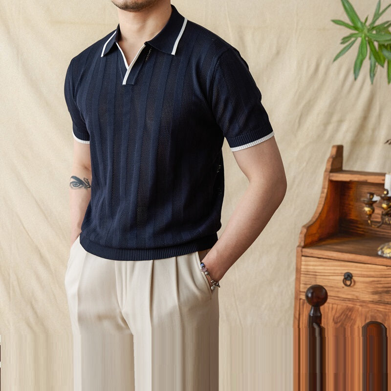 Prążkowane polo męskie z krótkim rękawem bez guzików | Greystone
